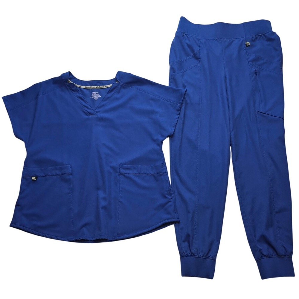 ClimateRight Cuddl Duds Scrub Set V-Neck Top Jogger Pants Blue Womens Medium